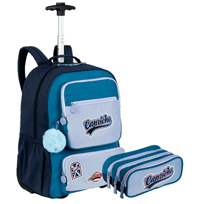 Kit  Mochila Carrinho Grande e Estojo 3 Compartimentos Capricho Class - Azul