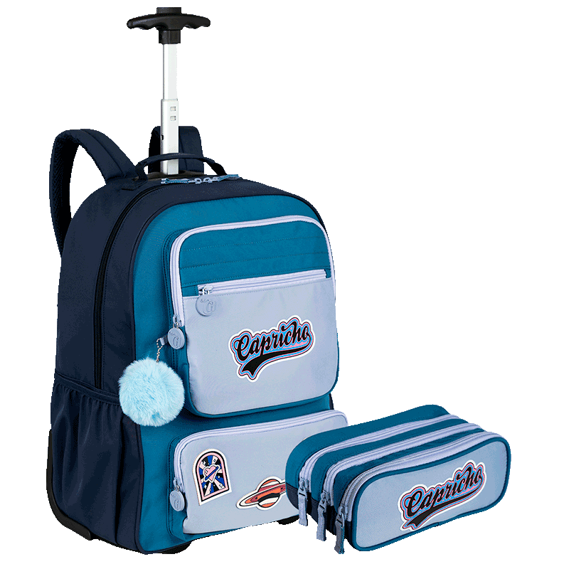 Kit  Mochila Carrinho Grande e Estojo 3 Compartimentos Capricho Class - Azul