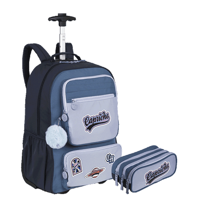 Kit  Mochila Carrinho Grande mais Lancheira 2 Compartimentos e Estojo 3 Compartimentos Capricho Class - Azul