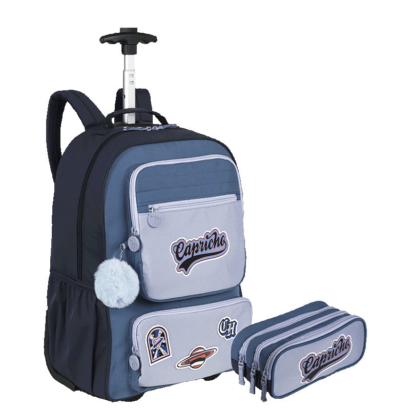 Kit  Mochila Carrinho Grande mais Lancheira 2 Compartimentos e Estojo 3 Compartimentos Capricho Class - Azul