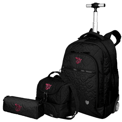 Kit  Mochila Carrinho Grande mais Lancheira 2 Compartimentos Abertura em U e Estojo Capricho Crush - Preto