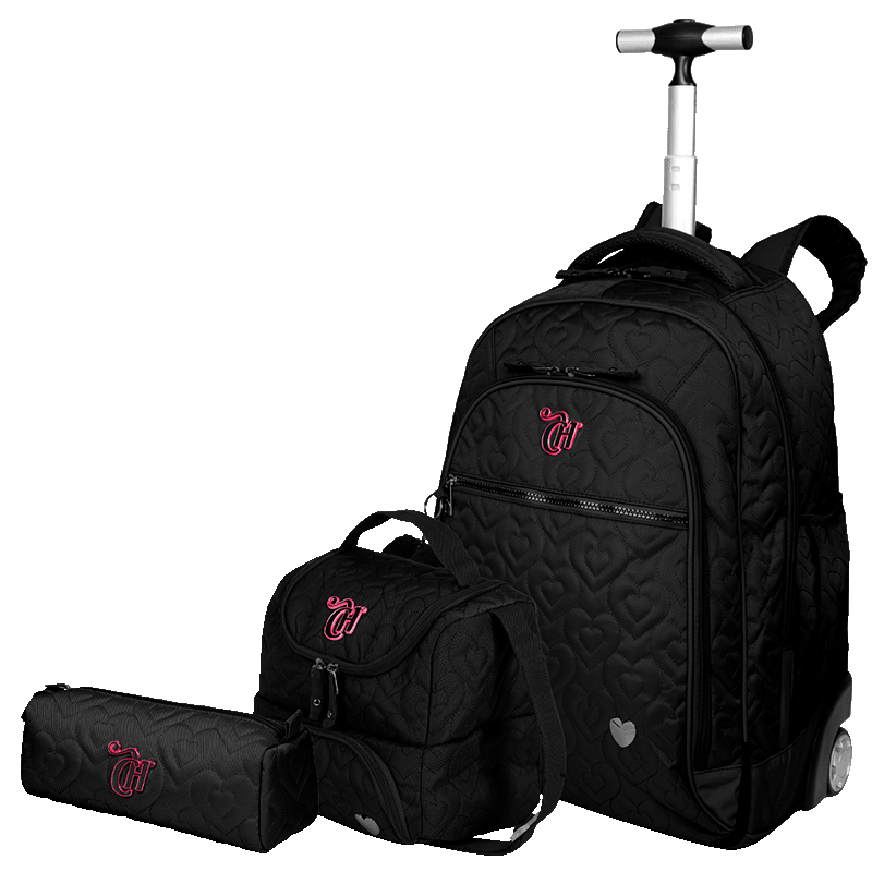 Kit  Mochila Carrinho Grande mais Lancheira 2 Compartimentos Abertura em U e Estojo Capricho Crush - Preto