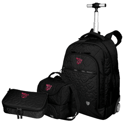 Kit  Mochila Carrinho Grande mais Lancheira 2 Compartimentos Abertura em U e Estojo Box Especial Capricho Crush - Preto