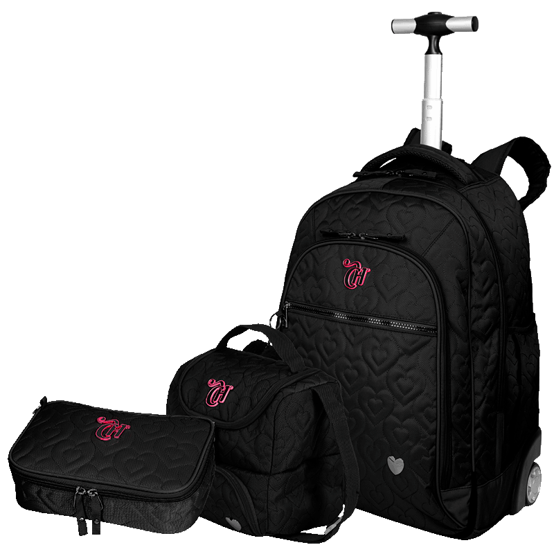 Kit  Mochila Carrinho Grande mais Lancheira 2 Compartimentos Abertura em U e Estojo Box Especial Capricho Crush - Preto