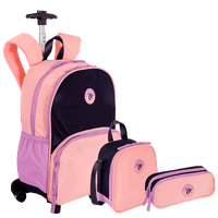 Kit  Mochila Carrinho mais Lancheira Grande e Estojo 2 Compartimentos Capricho Block - Coral