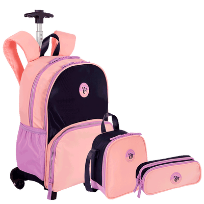 Kit  Mochila Carrinho mais Lancheira Grande e Estojo 2 Compartimentos Capricho Block - Coral