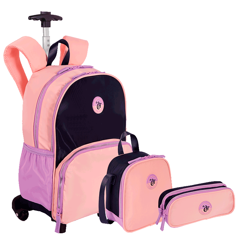 Kit  Mochila Carrinho mais Lancheira Grande e Estojo 2 Compartimentos Capricho Block - Coral