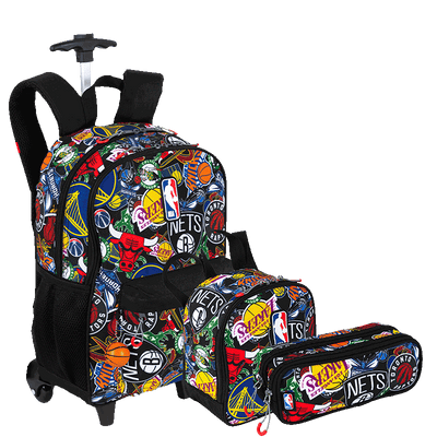 Kit  Mochila Carrinho mais Lancheira Grande e Estojo 2 Compartimentos Nba Begins - Preto