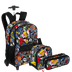 Kit  Mochila Carrinho mais Lancheira Grande e Estojo 2 Compartimentos Nba Begins - Preto