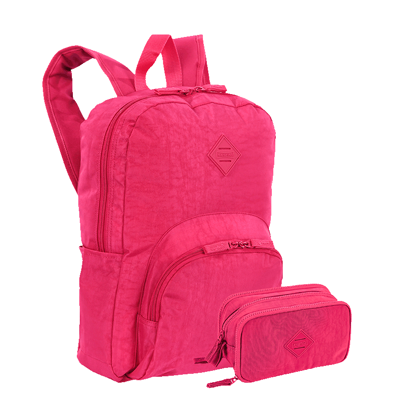 Kit Mochila e Estojo Box Especial 3 Compartimentos Sestini Crinkle Rosa - Pink