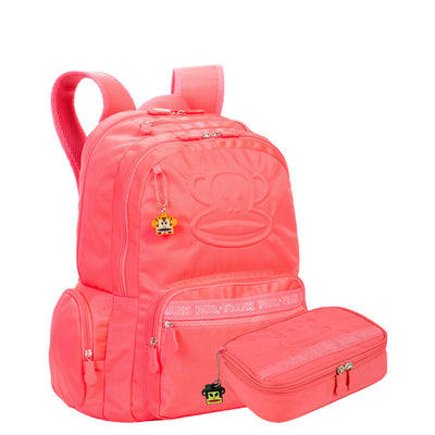 Kit Mochila Grande 2 Compartimentos e Estojo Box Especial Paul Frank Classics -Neon Papaya