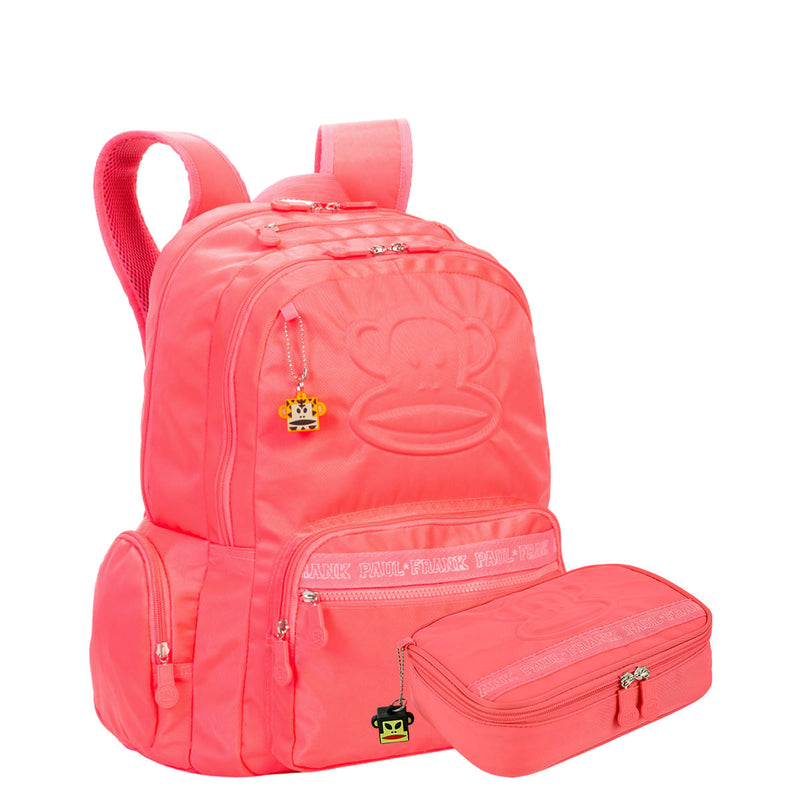 Kit Mochila Grande 2 Compartimentos e Estojo Box Especial Paul Frank Classics -Neon Papaya