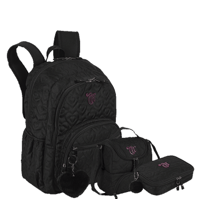 Kit  Mochila Grande 2 Compartimentos mais Lancheira 2 Compartimentos Abertura em U e Estojo Box Especial Capricho Crush - Preto