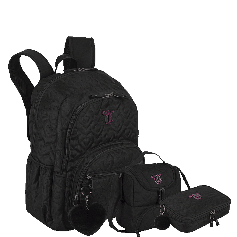 Kit  Mochila Grande 2 Compartimentos mais Lancheira 2 Compartimentos Abertura em U e Estojo Box Especial Capricho Crush - Preto