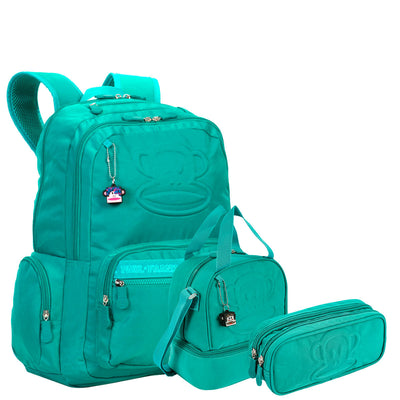 Kit Mochila Grande 2 Compartimentos mais Lancheira 2 Compartimentos e Estojo 2 Compartimentos Paul Frank Classics Verde - Esmeralda