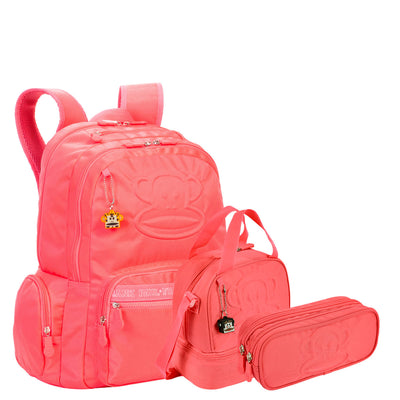 Kit Mochila Grande 2 Compartimentos mais Lancheira 2 Compartimentos e Estojo 2 Comp Paul Frank Classics Neon Laranja - Papaya