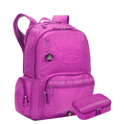 Kit  Mochila Grande 2 Compartimentos e Estojo Box Especial Paul Frank T03 - Orquídea