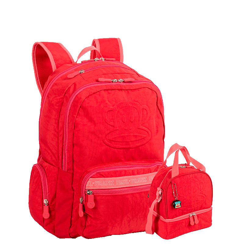 Kit  Mochila Grande 2 Compartimentos e Lancheira 2 Compartimentos Paul Frank T03 - Cereja