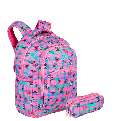 Kit  Mochila Grande 2 Compartimentos e Estojo 2 Compartimentos Capricho Student - Rosa Claro