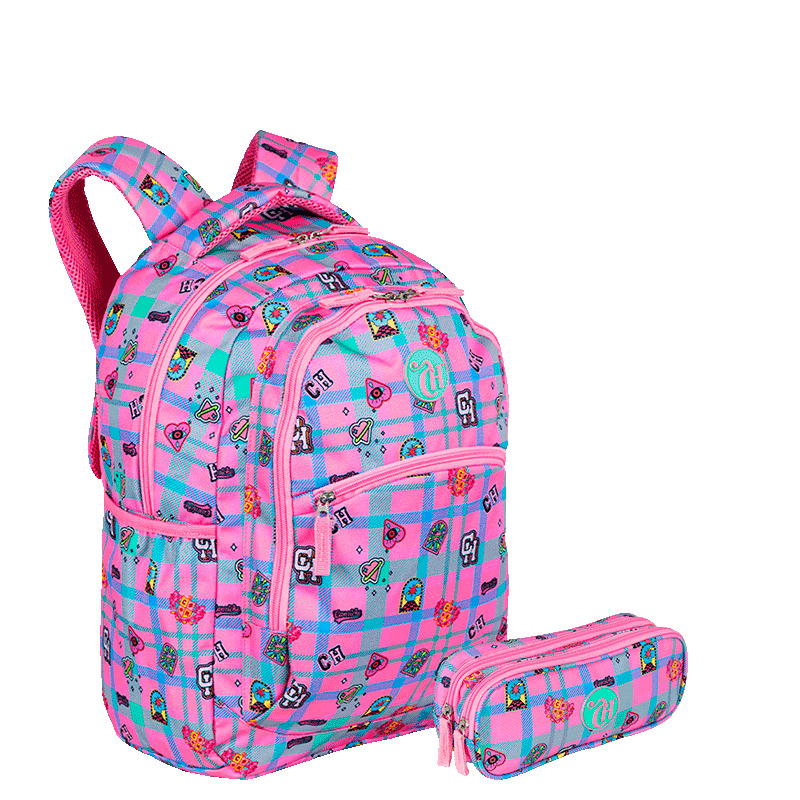 Kit  Mochila Grande 2 Compartimentos e Estojo 2 Compartimentos Capricho Student - Rosa Claro