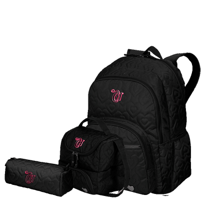 Kit  Mochila Grande 2 Compartimentos mais Lancheira 2 Compartimentos Abertura em U e Estojo Capricho Crush - Preto