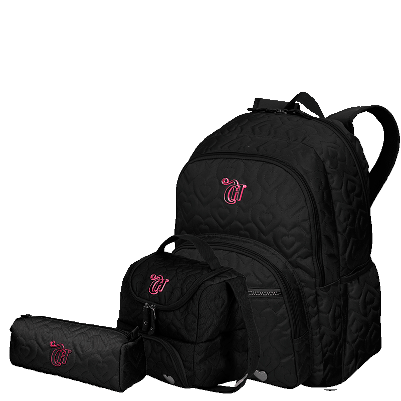Kit  Mochila Grande 2 Compartimentos mais Lancheira 2 Compartimentos Abertura em U e Estojo Capricho Crush - Preto
