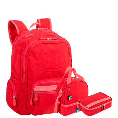 Kit  Mochila Grande 2 Compartimentos mais Lancheira 2 Compartimentos e Estojo Box Especial Paul Frank T03 - Cereja