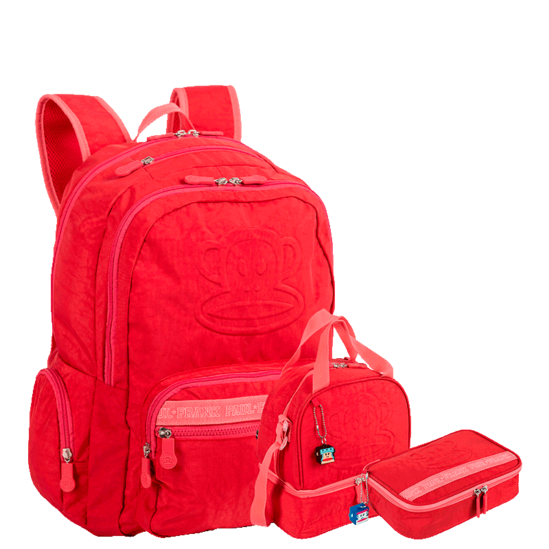 Kit  Mochila Grande 2 Compartimentos mais Lancheira 2 Compartimentos e Estojo Box Especial Paul Frank T03 - Cereja