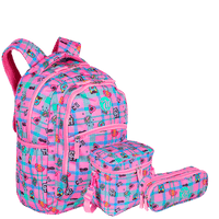 Kit  Mochila Grande 2 Compartimentos mais Lancheira Grande e Estojo 2 Compartimentos Capricho Student - Rosa Claro