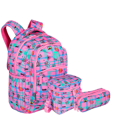 Kit  Mochila Grande 2 Compartimentos mais Lancheira Grande e Estojo 2 Compartimentos Capricho Student - Rosa Claro