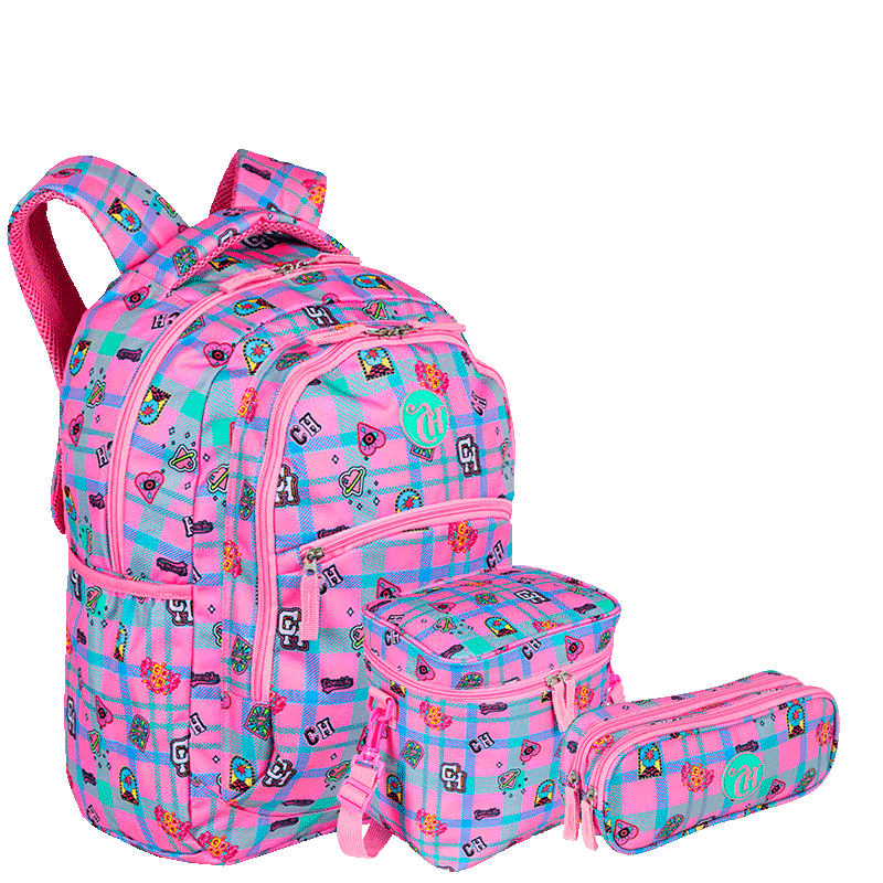 Kit  Mochila Grande 2 Compartimentos mais Lancheira Grande e Estojo 2 Compartimentos Capricho Student - Rosa Claro