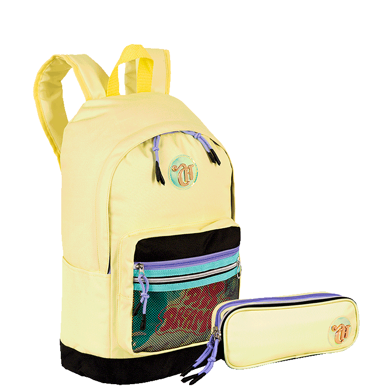 Kit  Mochila Grande e Estojo 2 Compartimentos Capricho Candy - Amarelo