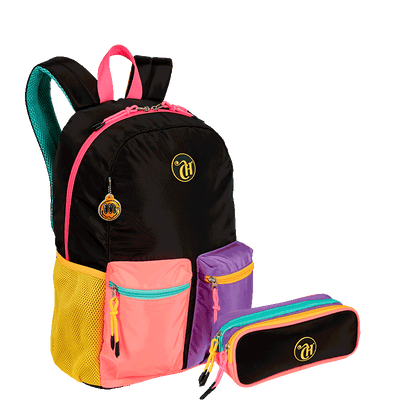 Kit  Mochila Grande e Estojo 2 Compartimentos Capricho Contrast - Preto e Rosa