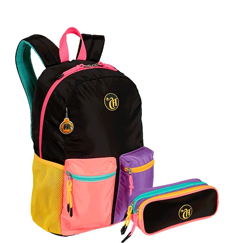 Kit  Mochila Grande e Estojo 2 Compartimentos Capricho Contrast - Preto e Rosa
