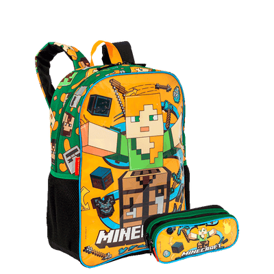 Kit Mochila Grande e Estojo 2 Compartimentos Minecraft Funtage - Colorido