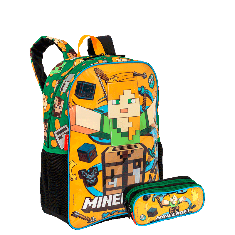 Kit Mochila Grande e Estojo 2 Compartimentos Minecraft Funtage - Colorido
