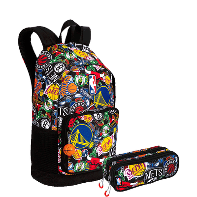 Kit  Mochila Grande e Estojo 2 Compartimentos Nba Begins - Preto
