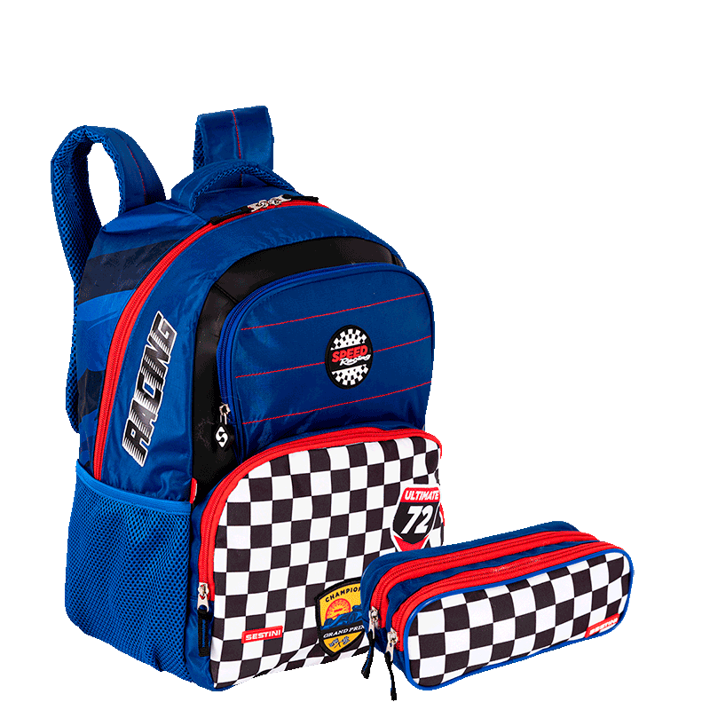Kit  Mochila Grande e Estojo 2 Compartimentos Sestini Y Racing - Colorido