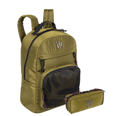 Kit  Mochila Grande e Estojo Organizador Capricho Academy - Verde Militar