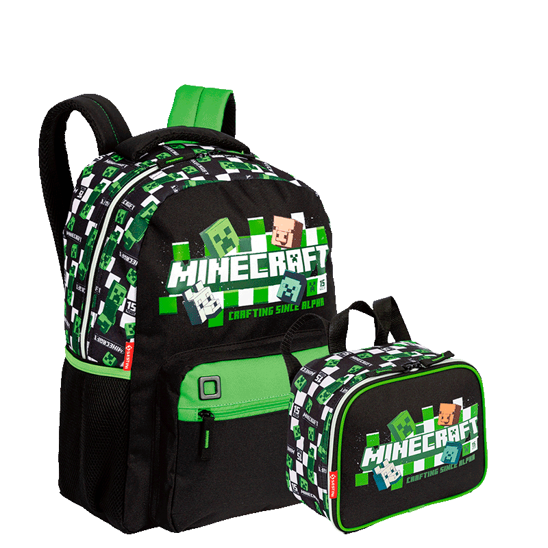 Kit  Mochila Grande e Lancheira Pequena Minecraft M Plus 15 Anos - Colorido