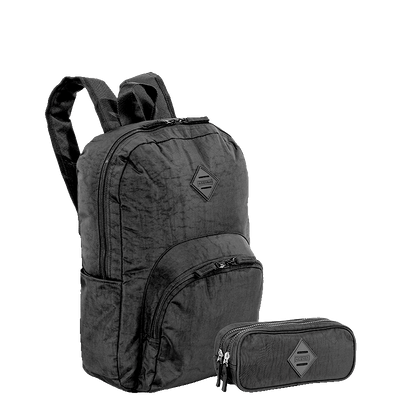 Kit  Mochila Grande Sestini Happy Crinkle e Estojo 2 Compartimentos - Preto