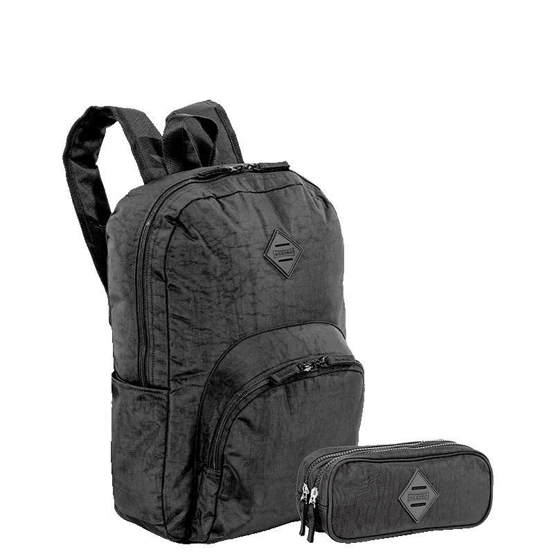 Kit  Mochila Grande Sestini Happy Crinkle e Estojo 2 Compartimentos - Preto