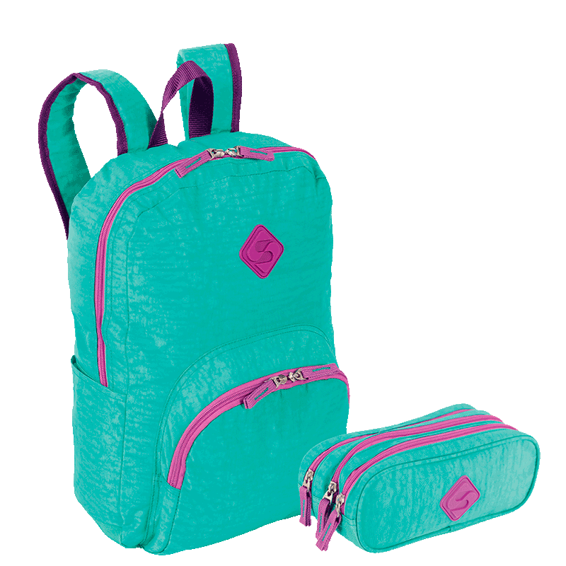 Kit  Mochila Grande Sestini Happy e Estojo 3 Compartimentos Azul - Turquesa