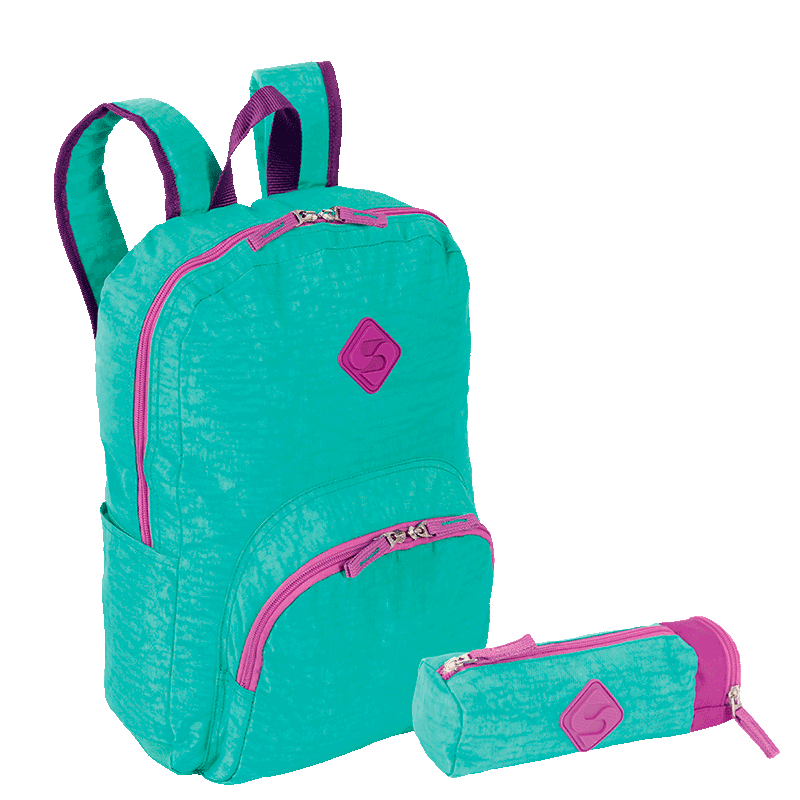 Kit  Mochila Grande Sestini Happy e Estojo com Bolso Azul - Turquesa