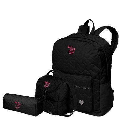 Kit  Mochila Grande mais Lancheira 2 Compartimentos Abertura em U e Estojo Capricho Crush - Preto