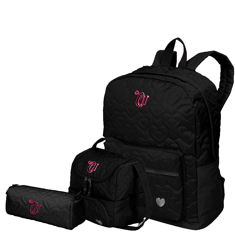 Kit  Mochila Grande mais Lancheira 2 Compartimentos Abertura em U e Estojo Capricho Crush - Preto