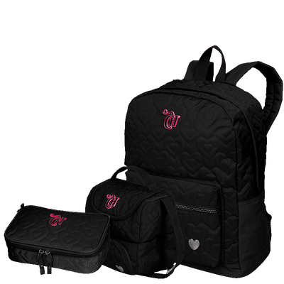 Kit  Mochila Grande mais Lancheira 2 Compartimentos Abertura em U e Estojo Box Especial Capricho Crush - Preto