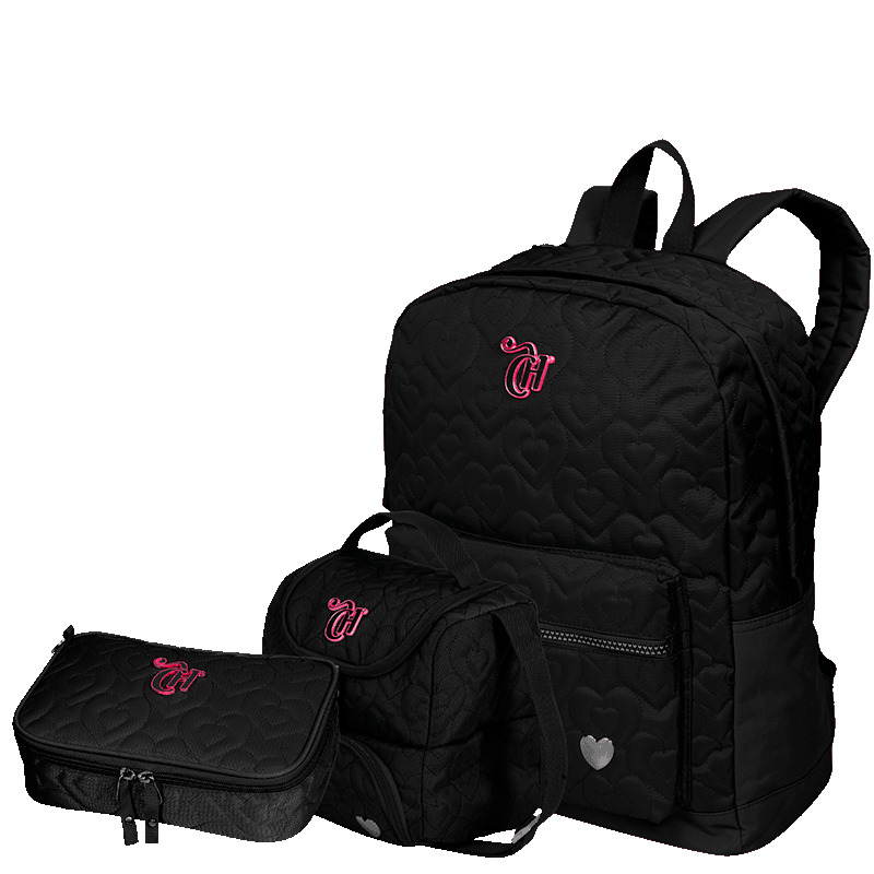 Kit  Mochila Grande mais Lancheira 2 Compartimentos Abertura em U e Estojo Box Especial Capricho Crush - Preto