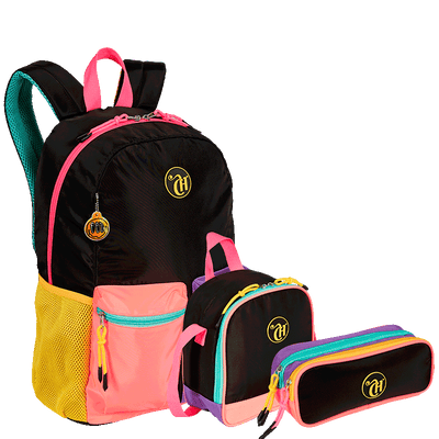 Kit  Mochila Grande mais Lancheira Grande e Estojo 2 Compartimentos Capricho Contrast - Preto e Rosa