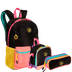Kit  Mochila Grande mais Lancheira Grande e Estojo 2 Compartimentos Capricho Contrast - Preto e Rosa